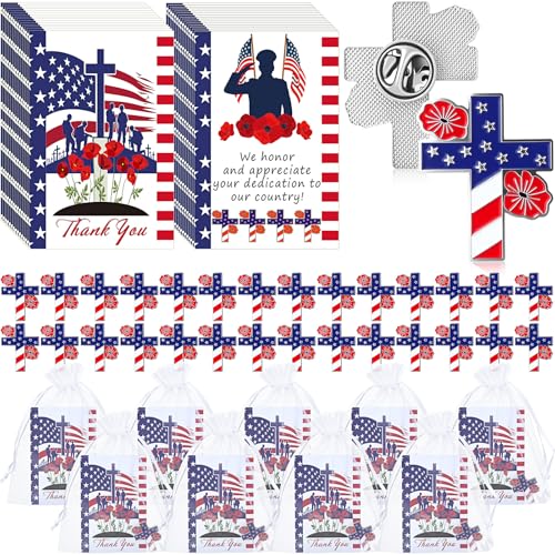 Image of Tondiamo Patriotic Veterans Poppy Lapel Pins Gift Bulk with Memorial Day Thank You Cards Flower Brooch Badge Soldier Souvenir