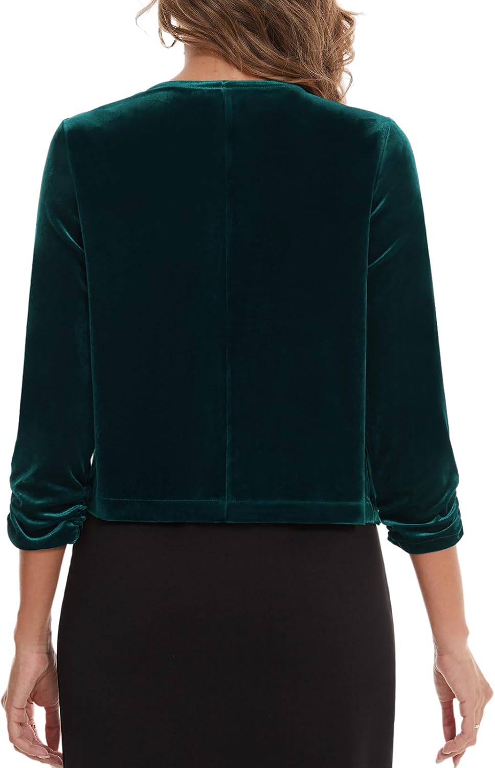 MINTLIMIT Women's Velvet Shrug Cropped Cardigan Ruched 3/4 Sleeve Open Front Cocktail Party Bolero Shrug Top for Dress - Image 5