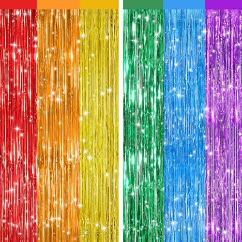 Image of 2Pack Rainbow Foil Fringe Curtains Backdrop Decorations, Rainbow Metallic Tinsel Foil Streamers Curtain Photo Booth Background for Birthday Wedding Engagement Bridal Shower Unicorn Party Decorations