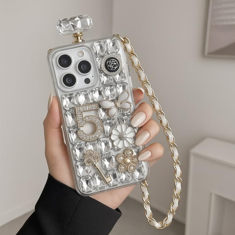 Image of COVERLY for iPhone 15 Cute 3D Diamond Perfume Bottle Phone Case,Full Protective Adorable Jewellery Rhinestone Luxury Crystal Glitter Bling with Crossbody Rope Sling Aesthetic Cover for Apple iPhone 15
