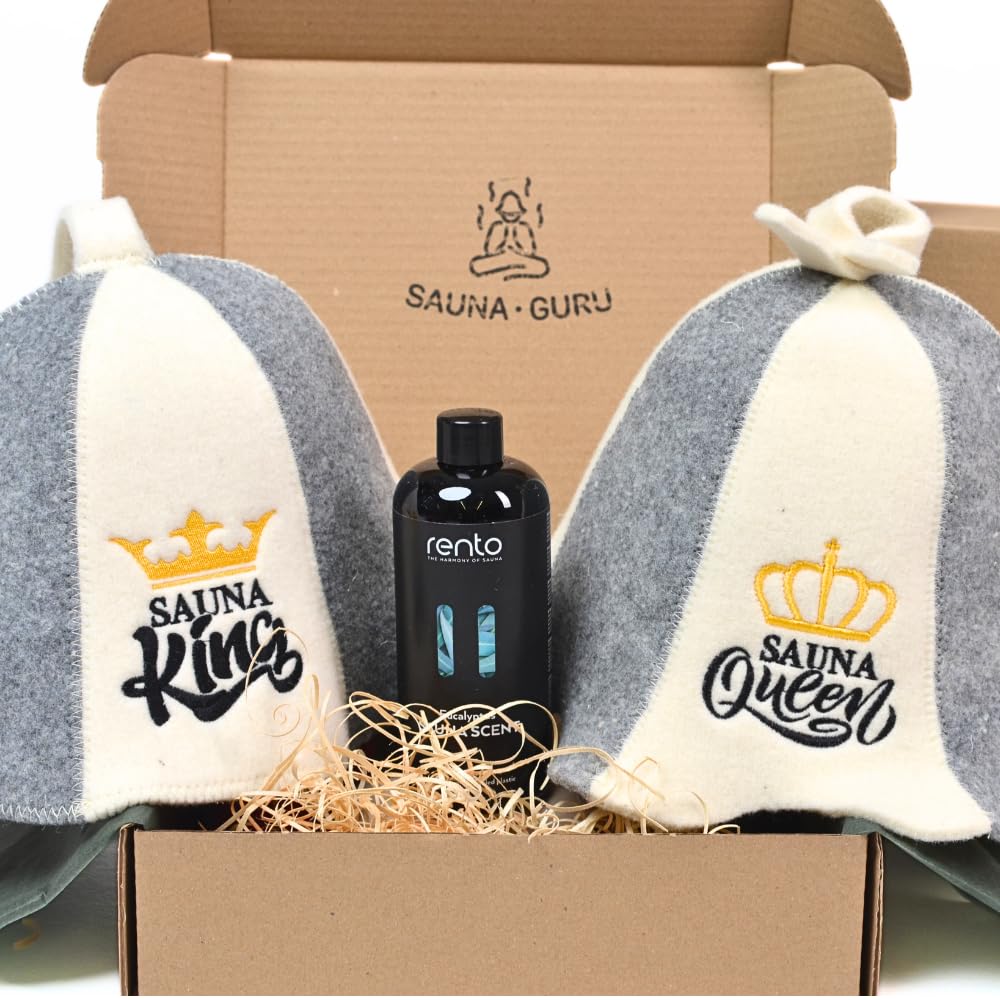 Sauna Geschenkset „Sauna King & Queen“ – 2x Saunahut aus 100% Wollfilz + Eukalyptus Saunaaufguss – Luxus Sauna Set für Zwei – Saunazubehör & Geschenkidee für Sauna Liebhaber, Wellness & Entspannung