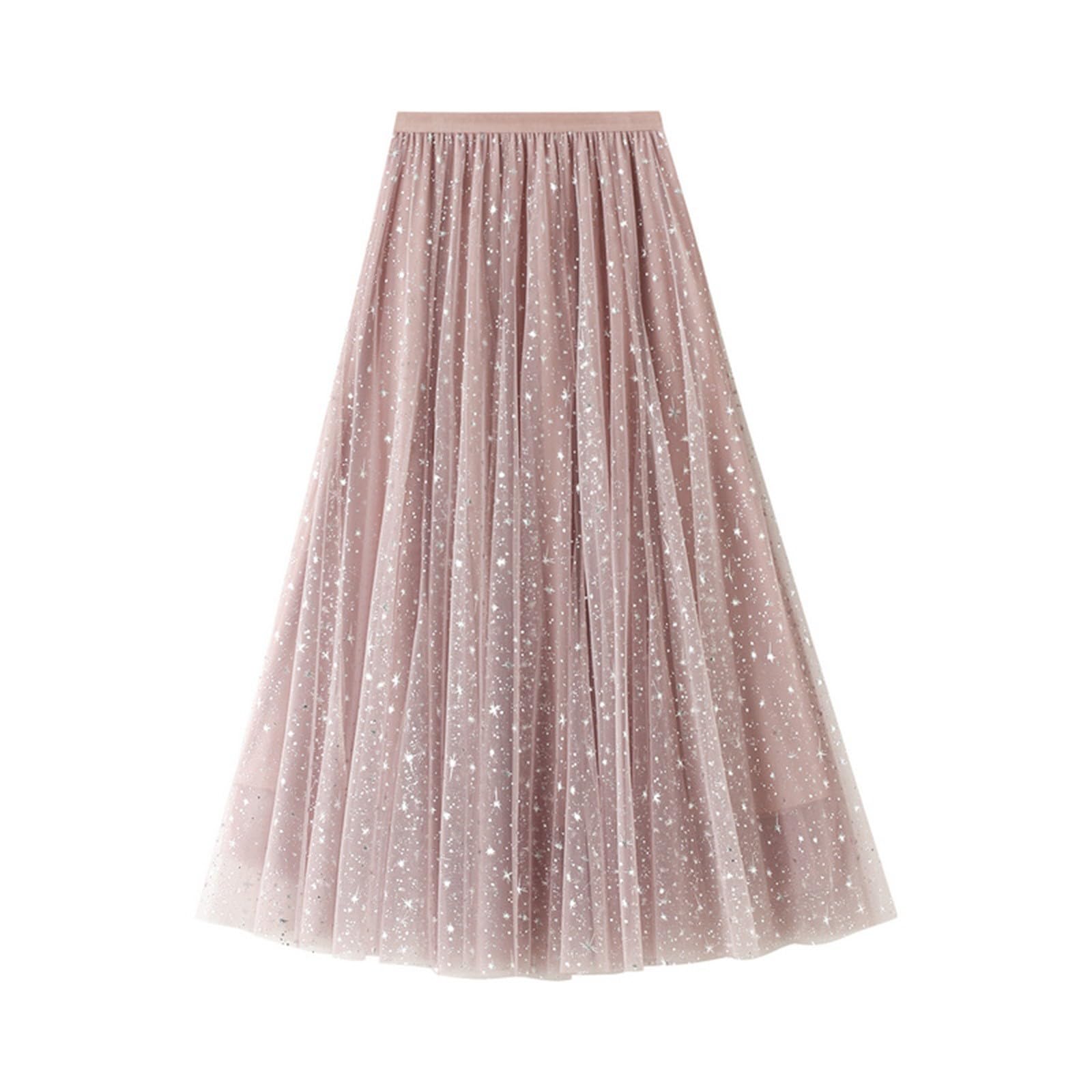 Modeewel Women's Long Sequin Skirt Tutu High Low Skirt Mesh Fabric Multilayer Midi Skirt A-line Princess Dress Carnival Costume Tulle Skirt Glitter A-line Skirt, pink, XXL