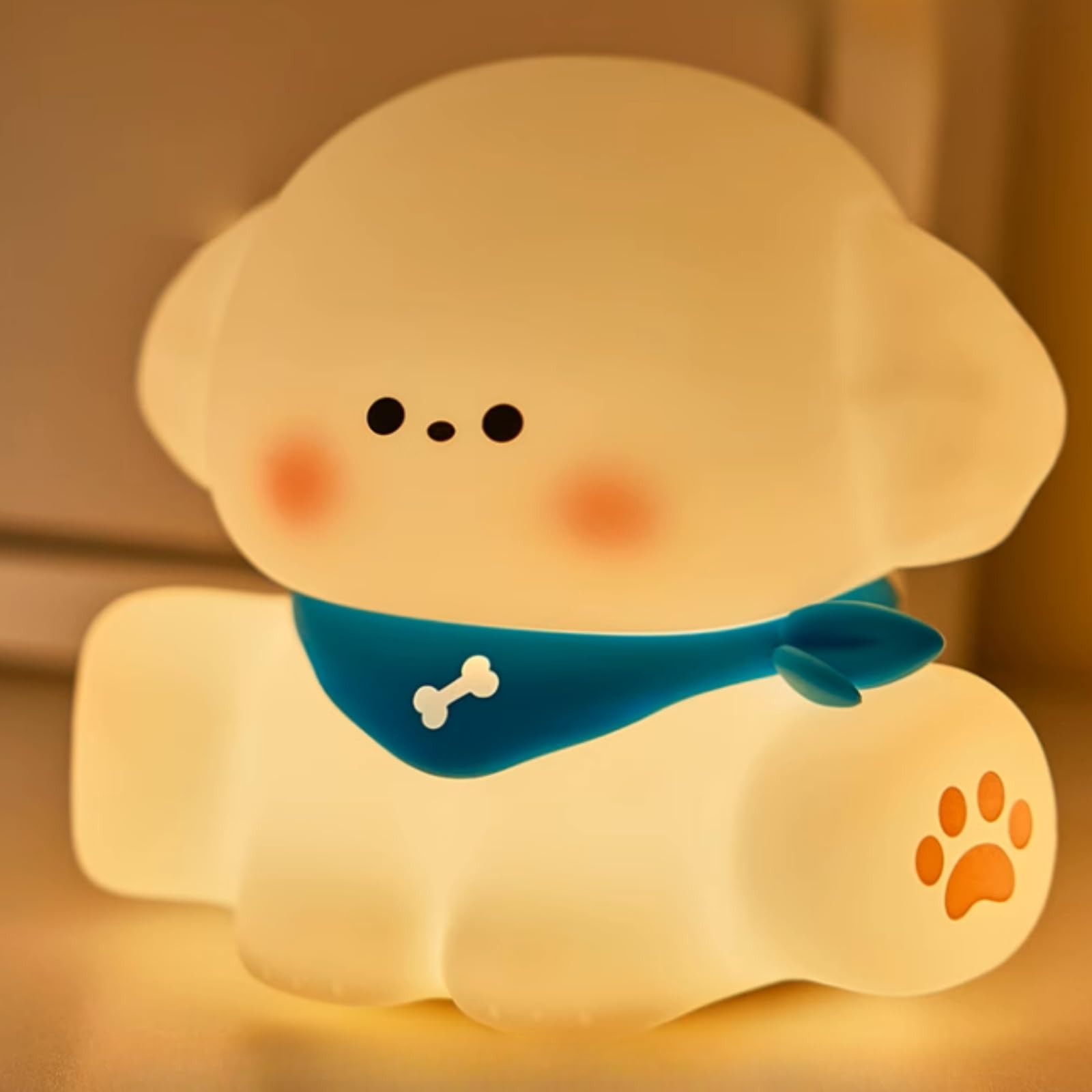 POMN Cute Kids Night Ligh，White Dog Shape USB-C Rechargeable LED Night Light，Silicone Gel Night Light for Baby Nursery (Yellow)