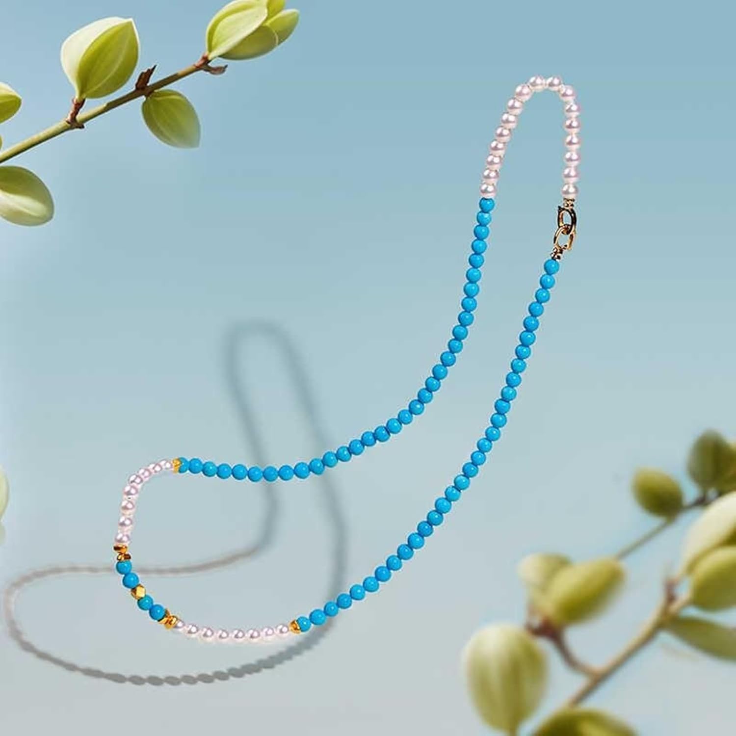 Yellow Gold Bead Necklace 9K/14K/18K, Elegant 4-5mm Turquoise Pearl Strand for Women, Real Gold