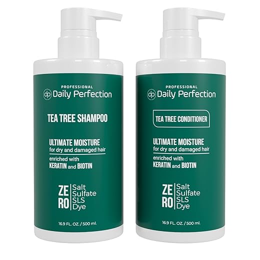 Professional Daily Perfection Salon-Grade, Salt-Free, Sulfate-Free Paraben-Free Moisturizing and Hydrating Tea-Tree Shampoo and Conditioner Set for Dry and Damaged Hair, Enriched w/Biotin and Keratin