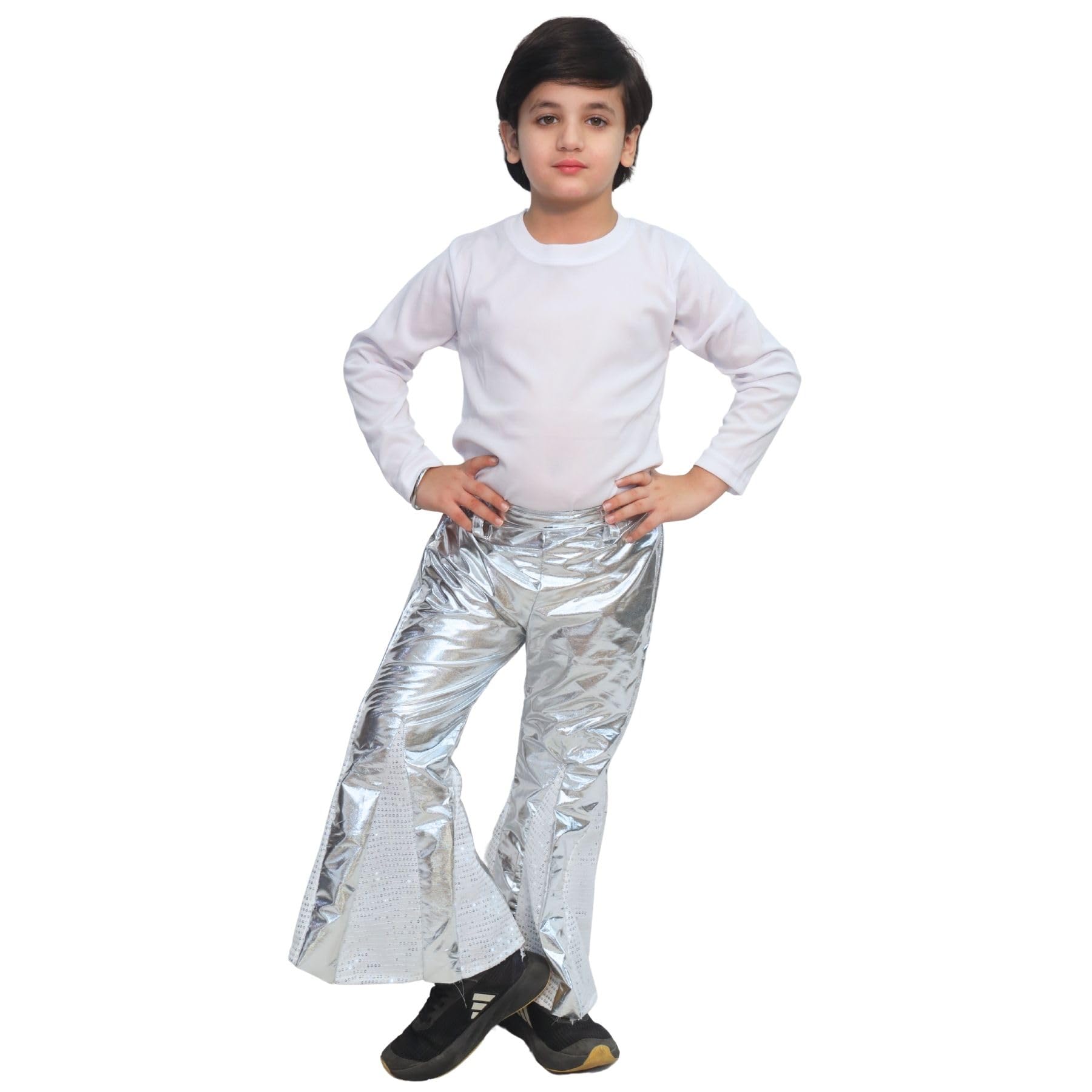 Kaku Fancy Dresses Bell Bottom Disco Pant for Kids | Silver Glitter Dance Trousers for Boys & Girls | Fancy Dress Costume Bottoms for School Functions, Stage Performance & Theme Parties-image-1