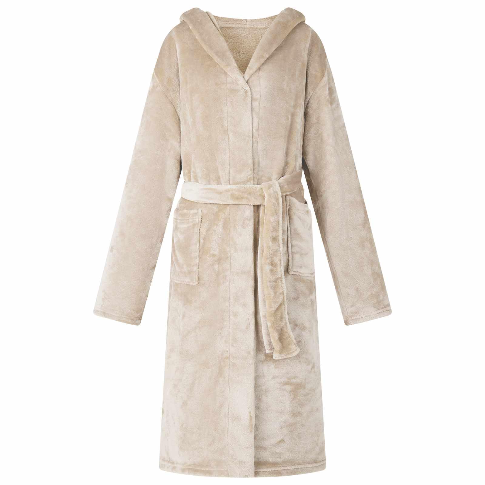 Beiger Flanell Bademantel Hoodie L für Zuhause, Loungewear, Freizeitanzug, bequem, atmungsaktiv, mit extra-warmem Kapuze, praktischen Taschen, leicht, für entspannte Abende und Reisen