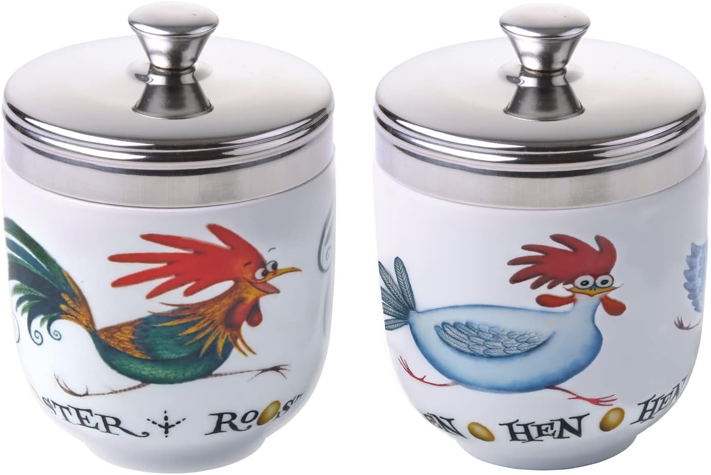 International - Set Of 2 Porcelain Egg Coddlers - Chasing Chickens Design By Clare Mackie - Egg Boiler Kitchen Gadgets - Sous Vide Cooking Pot