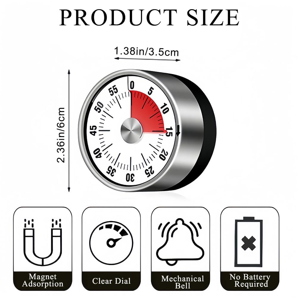 FORGEOG Mechanical Kitchen Timer - Magnetic, Visual, Stainless Steel - No Battery Required - Multicolour 1