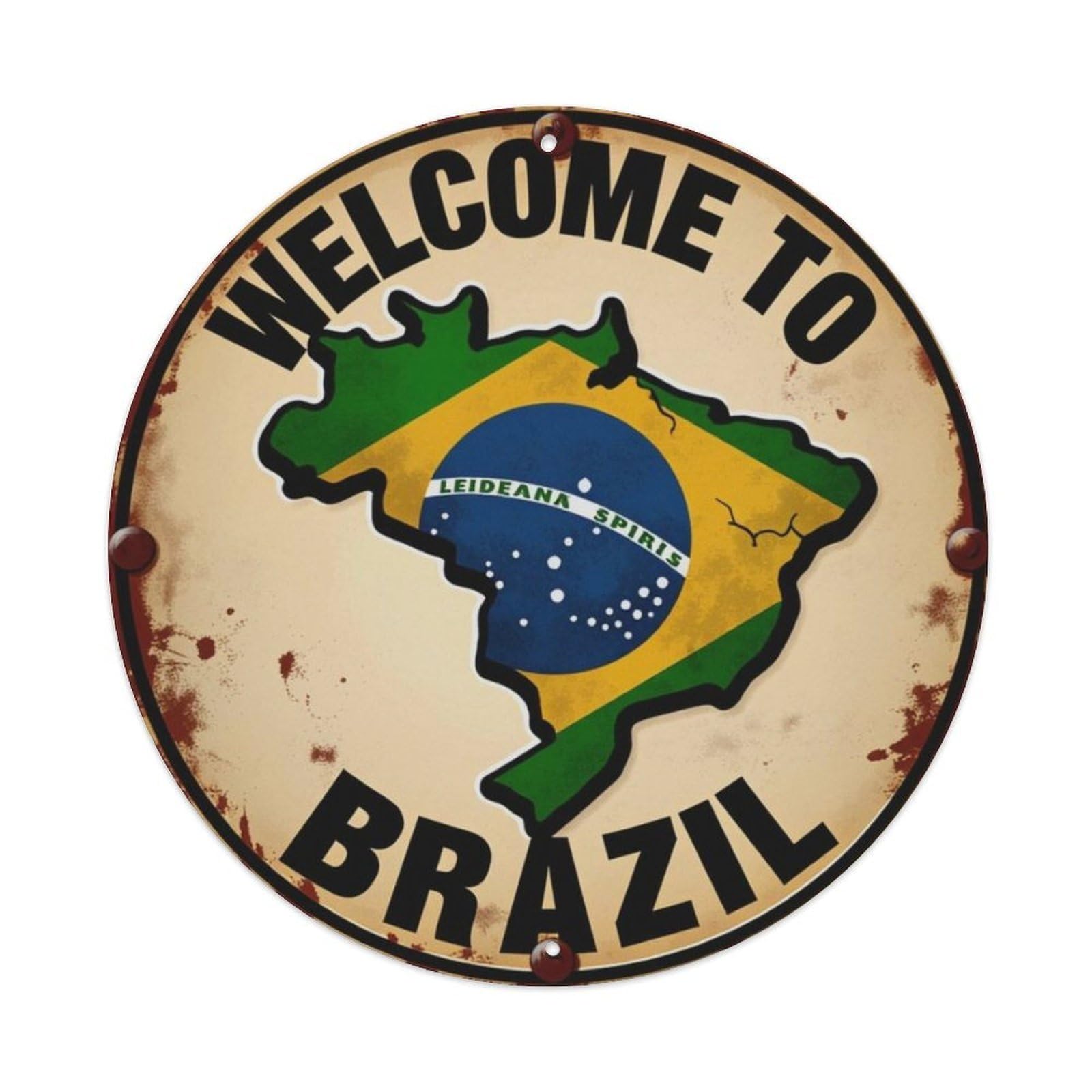 Vintage Brazil Map Flag Welcome Round Decor Sign Vintage Aluminium Metal Sign, Retro Wall Decor for Home, Bar, Garage & Farmhouse 20x20cm