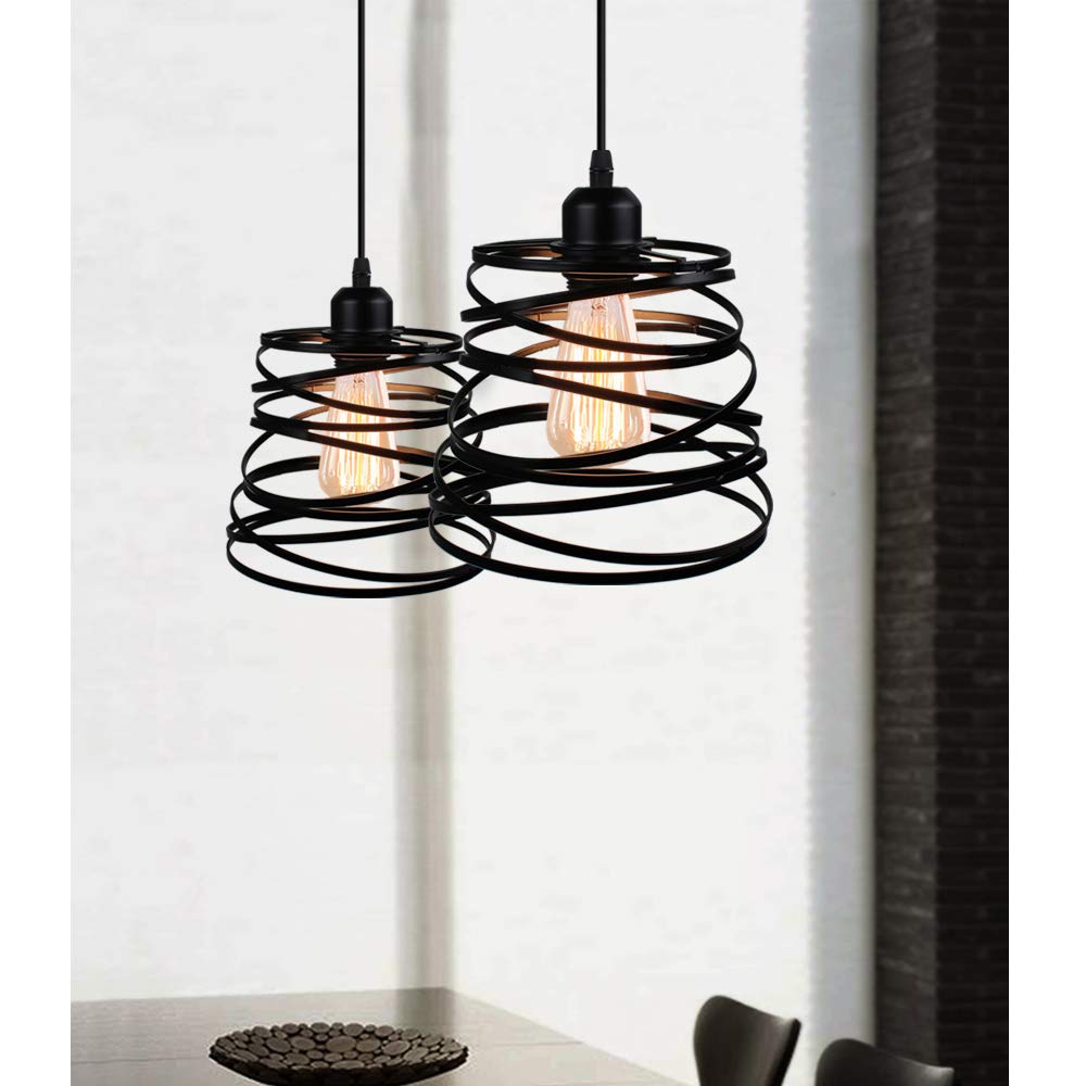 iDEGU Lot de 2 Suspensions Luminaires Moderne Créatif Lustre Plafonnier de Design à Spirale en Cascade Vintage Métal E27 Lampe Suspension pour Chambre Salon, 20cm (Noir)
