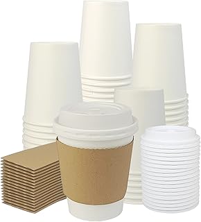 zmybcpack 50 Pack 8oz Disposable Paper Coffee Cups with Lids & Kraft Cardboard Sleeves -Hot Paper Coffee Cups Disposable Hot Cups for Coffee, Tea, Hot or Cold Beverage