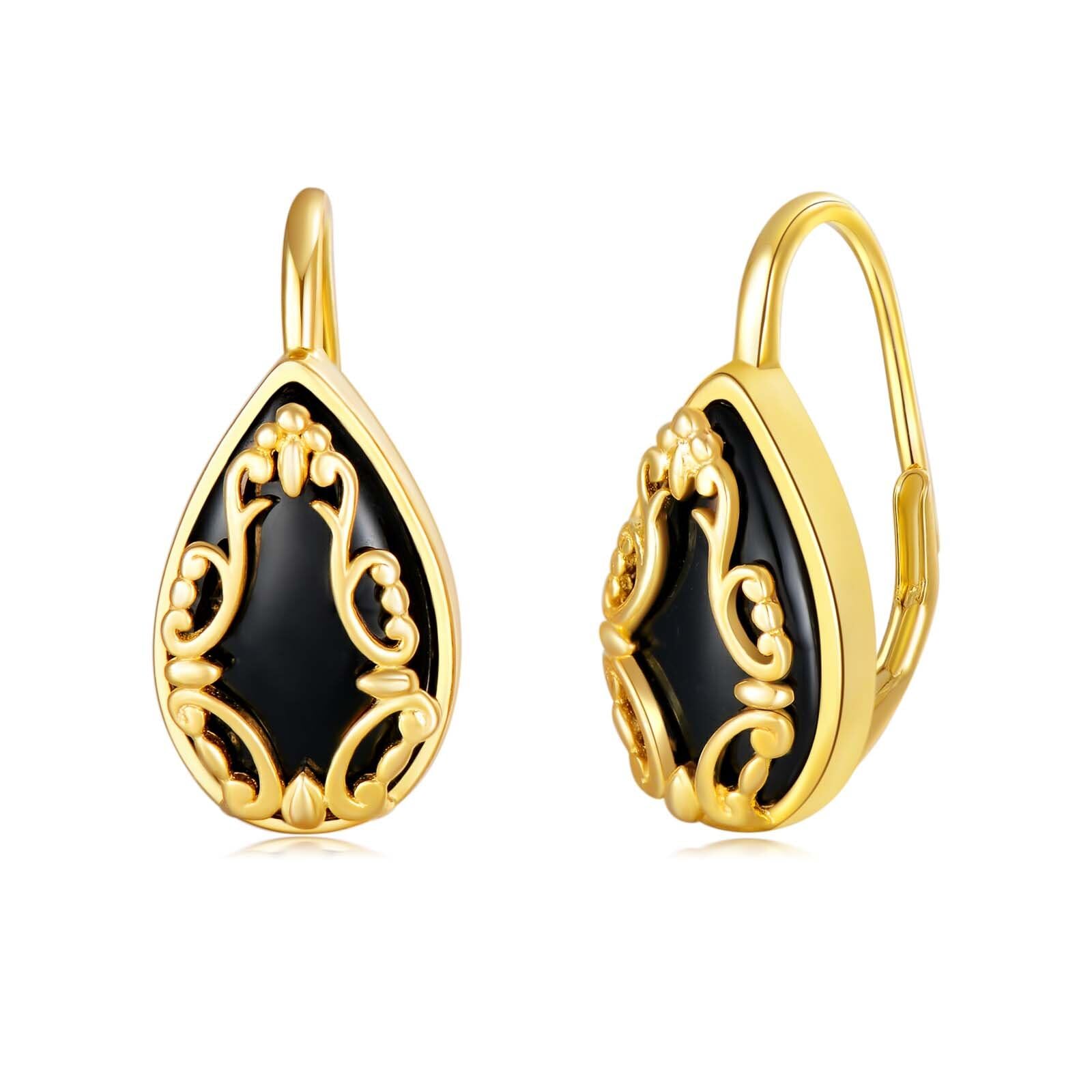 Orecchini In Argento Sterling Con Onice Nero VONALA | Pendenti A Goccia In Filigrana Placcato Oro Rosa, Ipoallergenici, 37x12mm