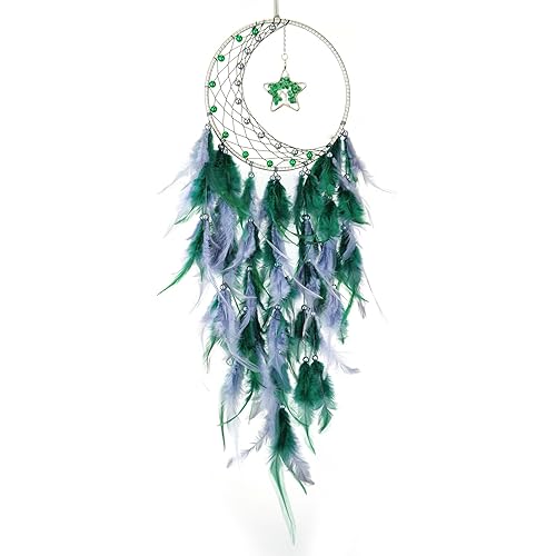 Green&Gray Feather Dream Catcher for Bedroom, Dream Catcher with Star Pendant, Crystal Stone Tree of Life Dream Catcher for Wall Hanging Craft Gifts