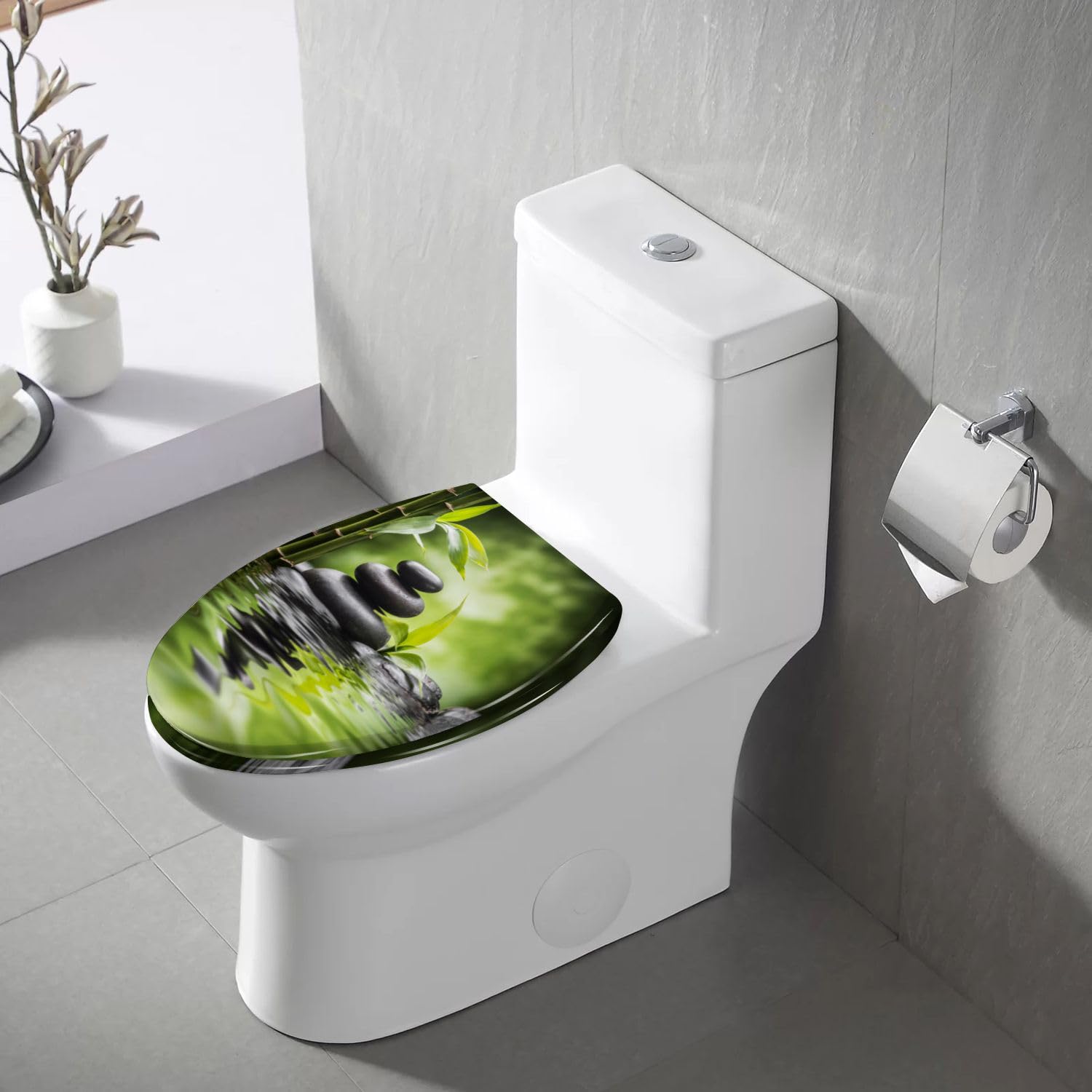 Elongated Toilet Seat Zen basalt stones bamboo Resin Toilet Seat with Quietly Close Quick Release Hinges Decorative Toilet Seat with Cover Easy to Clean and Install Yoga Spa Bathroom Decor