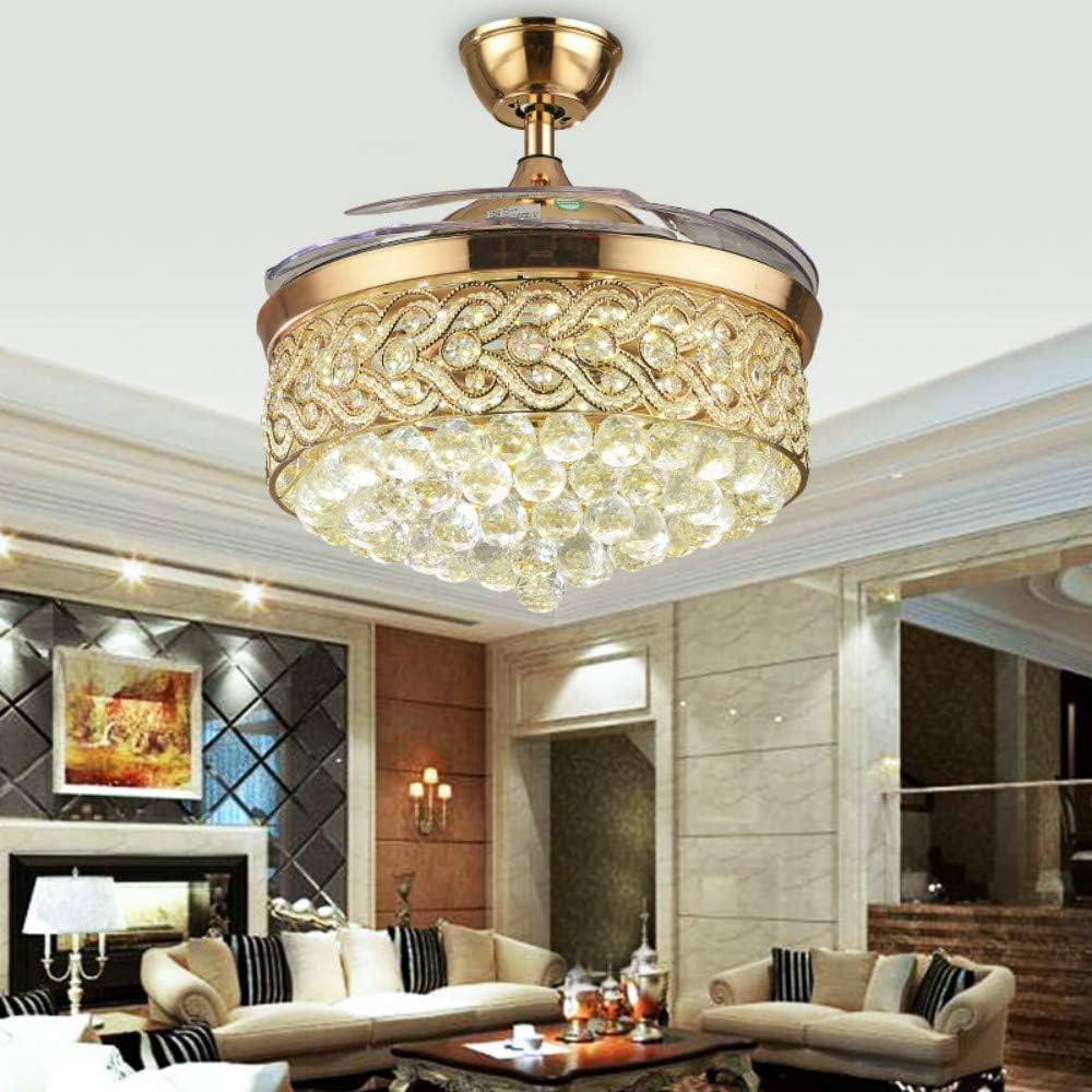 🔥 Southerns Lighting Invisible Crystal Ceiling Fans with Light 42 Inch Retractable 4 Blades Modern Folding Fan Chandelier Remote Hanging Fan Lights for Bedroom Indoor Ceiling Light with Fans (Gold-04)