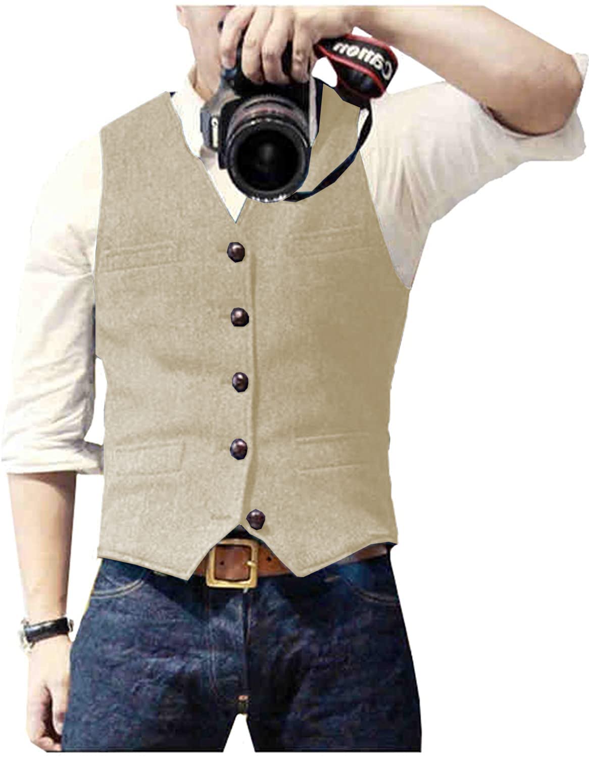 Ceehuteey Mens Suit Vest Waistcoat Tweed Retro V Neck Wool Herringbone for Prom, Champagne, Small