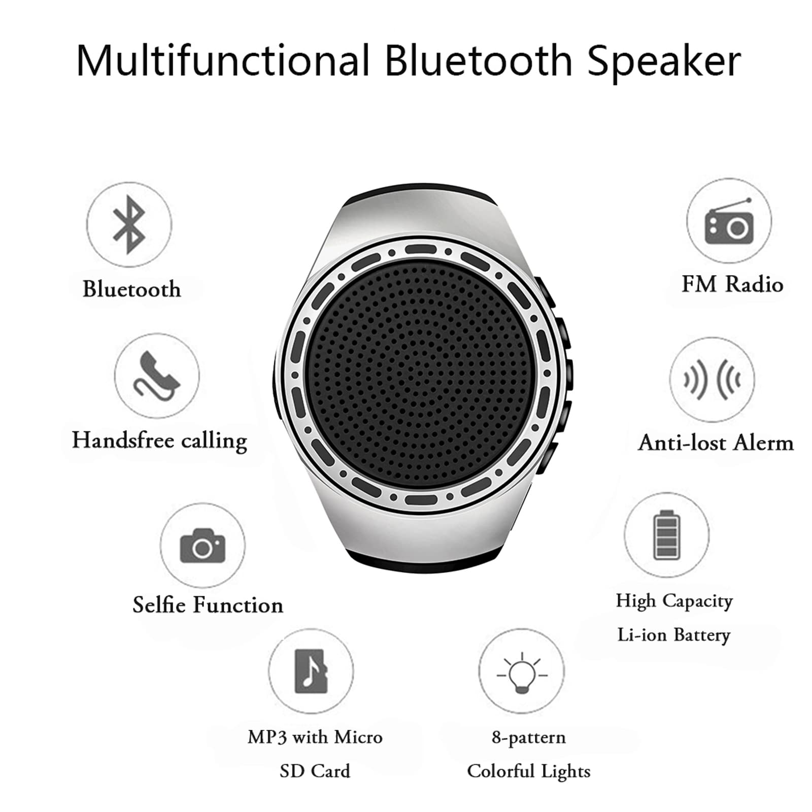 Reloj inalámbrico impermeable con altavoz Bluetooth portátil con radio FM multifunción, reproductor de MP3, TWS, selfie y tiempo de espera ultra largo para correr, senderismo, equitación