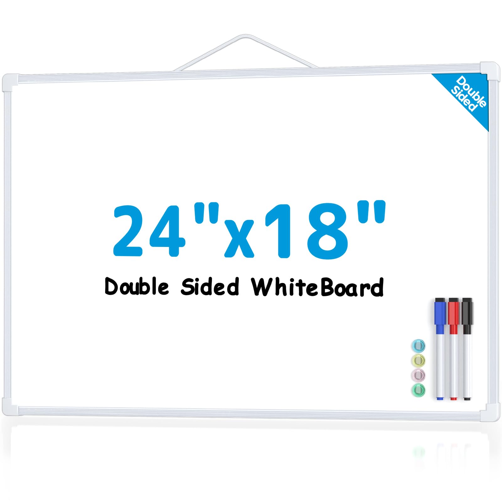 MaxGear White Board for Wall, 24" x 18" Double Sided Dry Erase Board, White | Double sided Whitboard, Includes 3 Dry Erase Markers 4 magnets Double Sided Tapes, Portable, Hanging for Home, School, Office