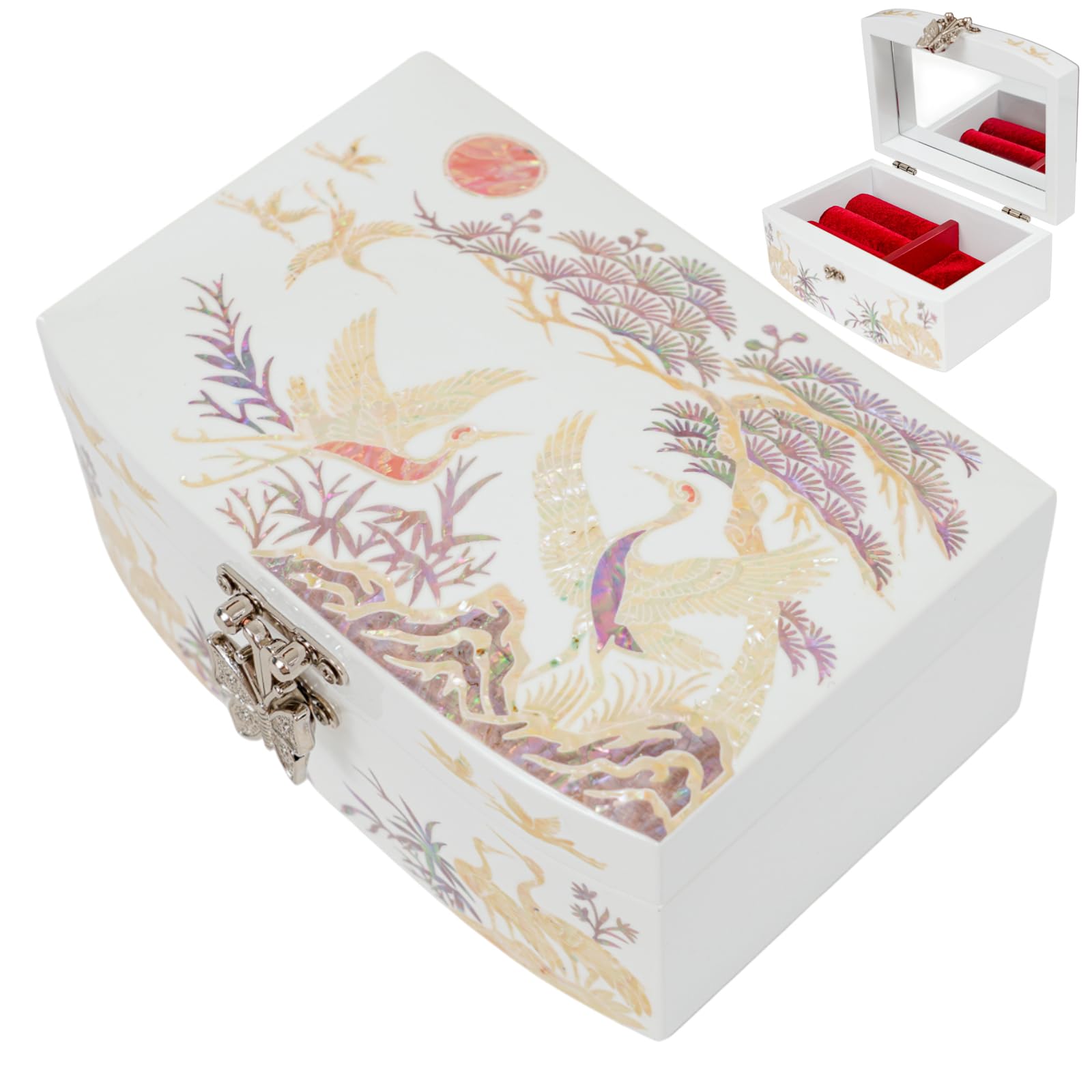 February Mountain Schmuckkästchen aus Perlmutt für Damen, Mädchen, Ehefrau, für Ohrringe, Armbänder, Ringe, Uhren, Jahrestag, Geburtstag, Weihnachten, Geschenke für Frauen (White_Crane)
