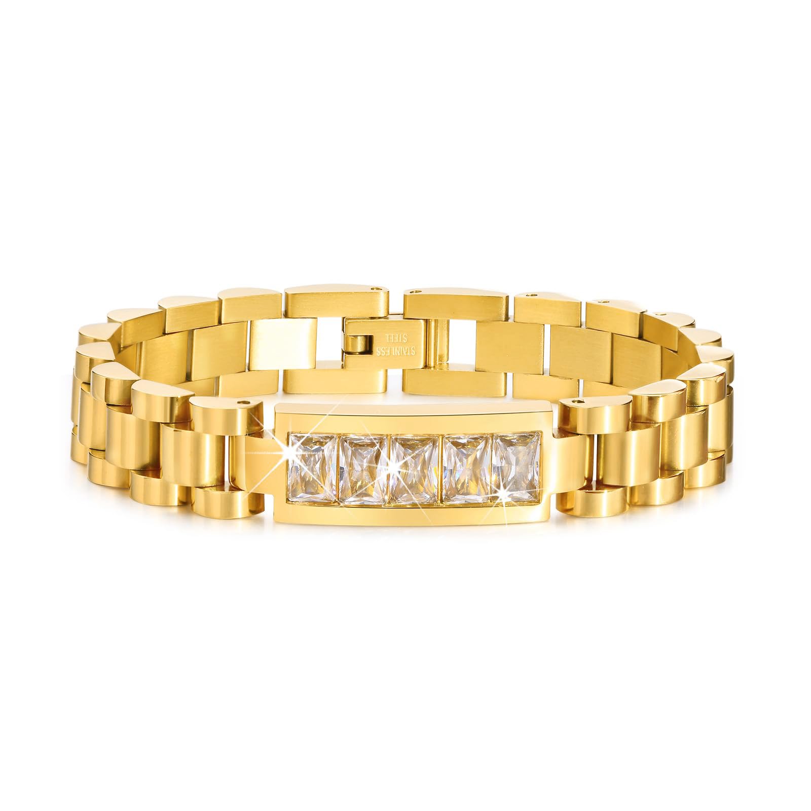 MPRAINBOW 2pcs 18K Gold Plated Chain Link Bracelet, Stainless Steel Crystal Friendship Bracelets Bangle,Watch Band Chains Wristband Jewelry with Adjust Tool