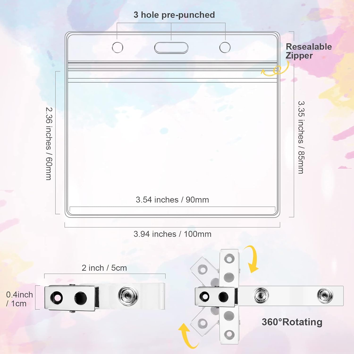 100 Sets Badge Holders and Metal Clips Clear Horizontal Name Tag ID Card Holder with Clip Waterproof ID Badge Holder with Metal Clips - Image 2