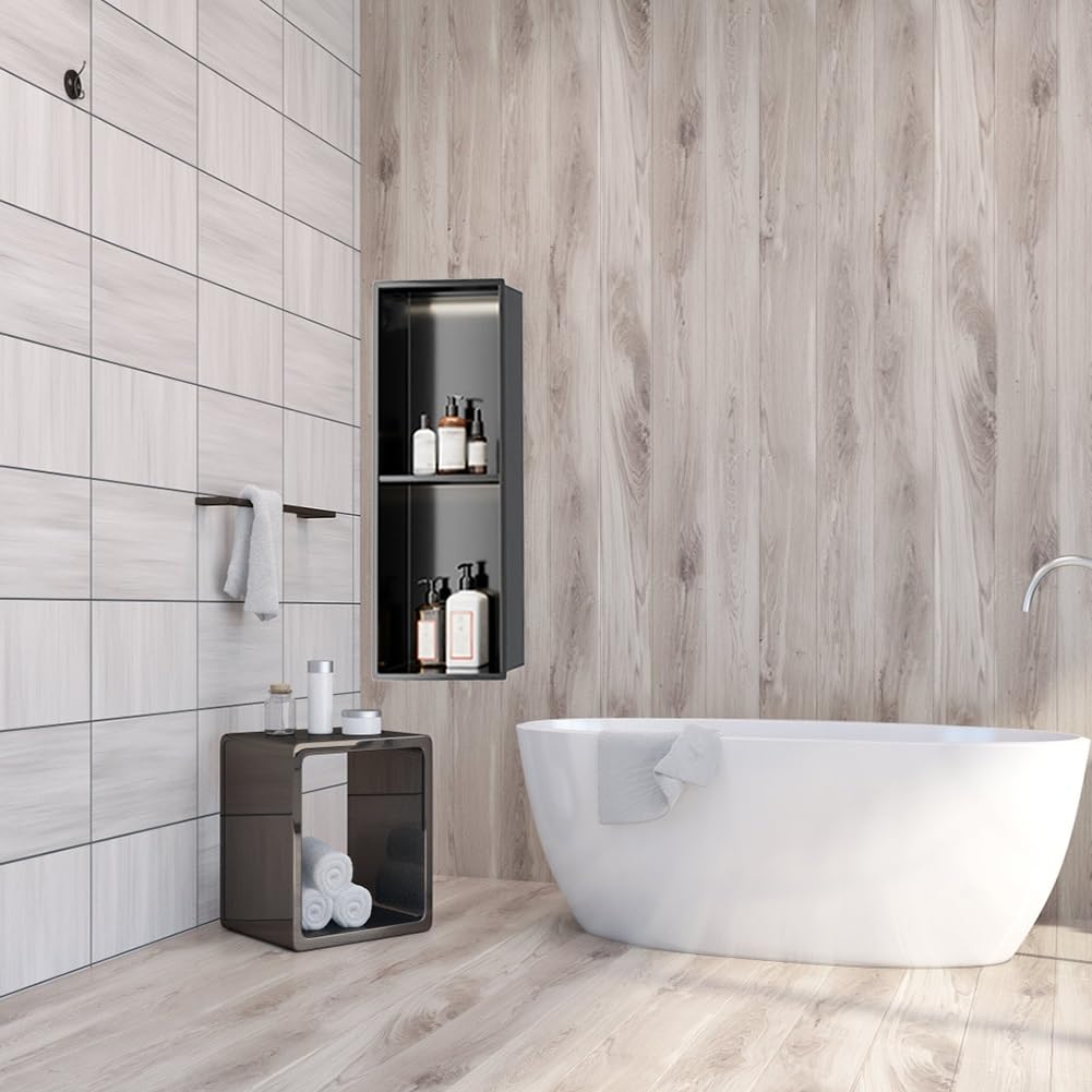 Ducha de Pared de Acero Inoxidable con luz LED, Estante de Almacenamiento de nicho de Ducha Empotrado para baño, no Requiere Azulejos (Negro, 70 x 28 x 12,5 cm)