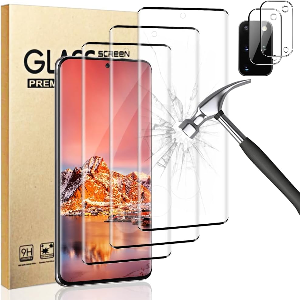 (3+2 Pack) Galaxy S20 Plus Screen Protector + Camera Lens Protector, Full Clarity Coverage,9H Tempered Glass, Ultrasonic Fingerprint Support,Anti Bubble,3D HD Curved for Samsung S20 Plus(6.7 Inch)