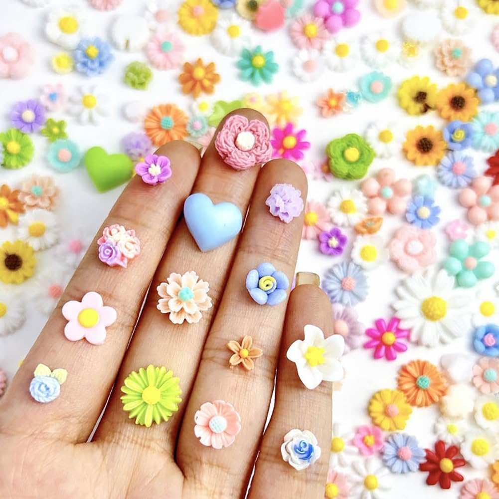 100 Pcs Flatback Resin Flower Charms Craft DIY Flower Cabochons Small Resin Daisy Flowers Charms Colorful Floral Scrapbooking Charm Flat Back Plastic Beads Miniature Fairy Garden Flowers image 3
