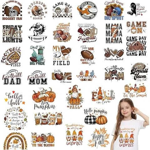 24pcs Football & 12pc Fall DTF Transfers Ready to Press Iron on Transfers for T-Shirts DIY Heat Transfer Stickers for Clothes Bag Pillow Cover