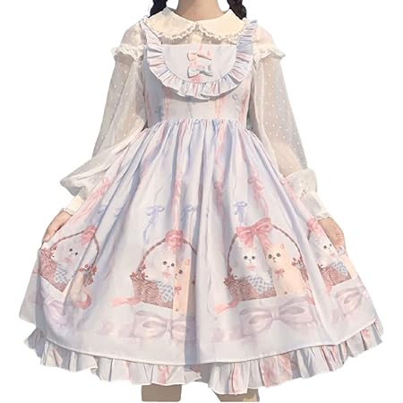 Amazon レディレイジー Lady Lazy ロリータ ジャンパースカート Jsk ノースリーブ ロリ 可愛い ドレス ミモレ丈 パステルカラー ワンピース スカート ロリ 衣装 撮影 甘ロリ 姫 コスプレ アニメ 女装 服 Cosplay Lolita 原宿 かわいい お嬢様 キャット 猫柄