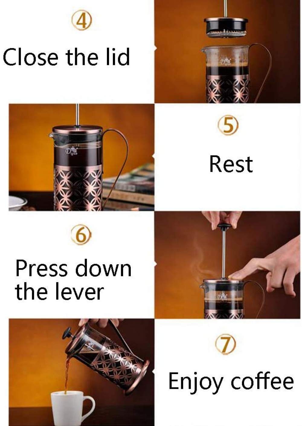 French Press Stamp Pot Coffee Maker Cafetera de doble pared, prensa francesa de vidrio incl. Filtro de café de acero inoxidable-1000ML