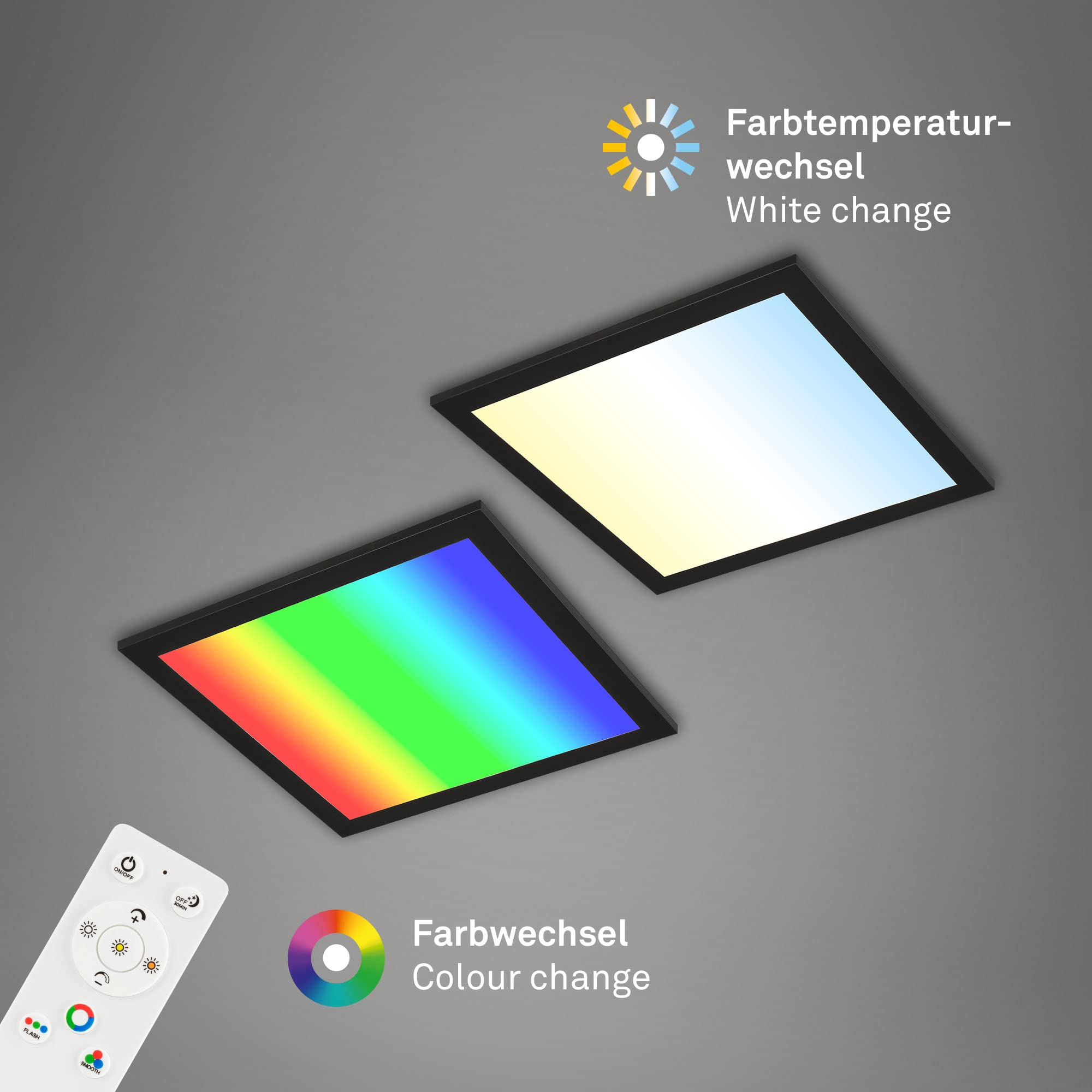 BRILONER - Plafonnier ultraplat RGB, Plafonnier CCT, Panneau LED, Température de couleur réglable, Changement de couleur, Dimmable, Télécommande, Noir