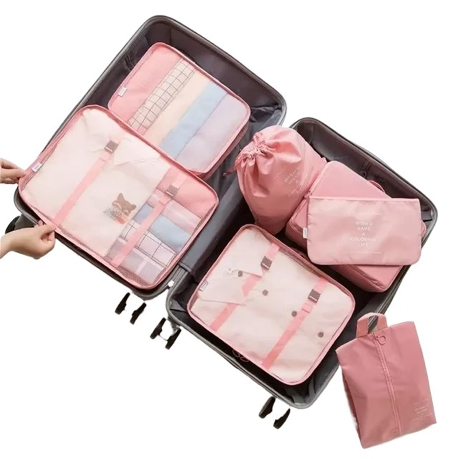 Set di 7 contenitori portaoggetti da viaggio essenziali for articoli da toeletta e trucco, valigia, abbigliamento, scarpe e biancheria intima. Per Risparmiare Spazio Nella Valigia(Pink)