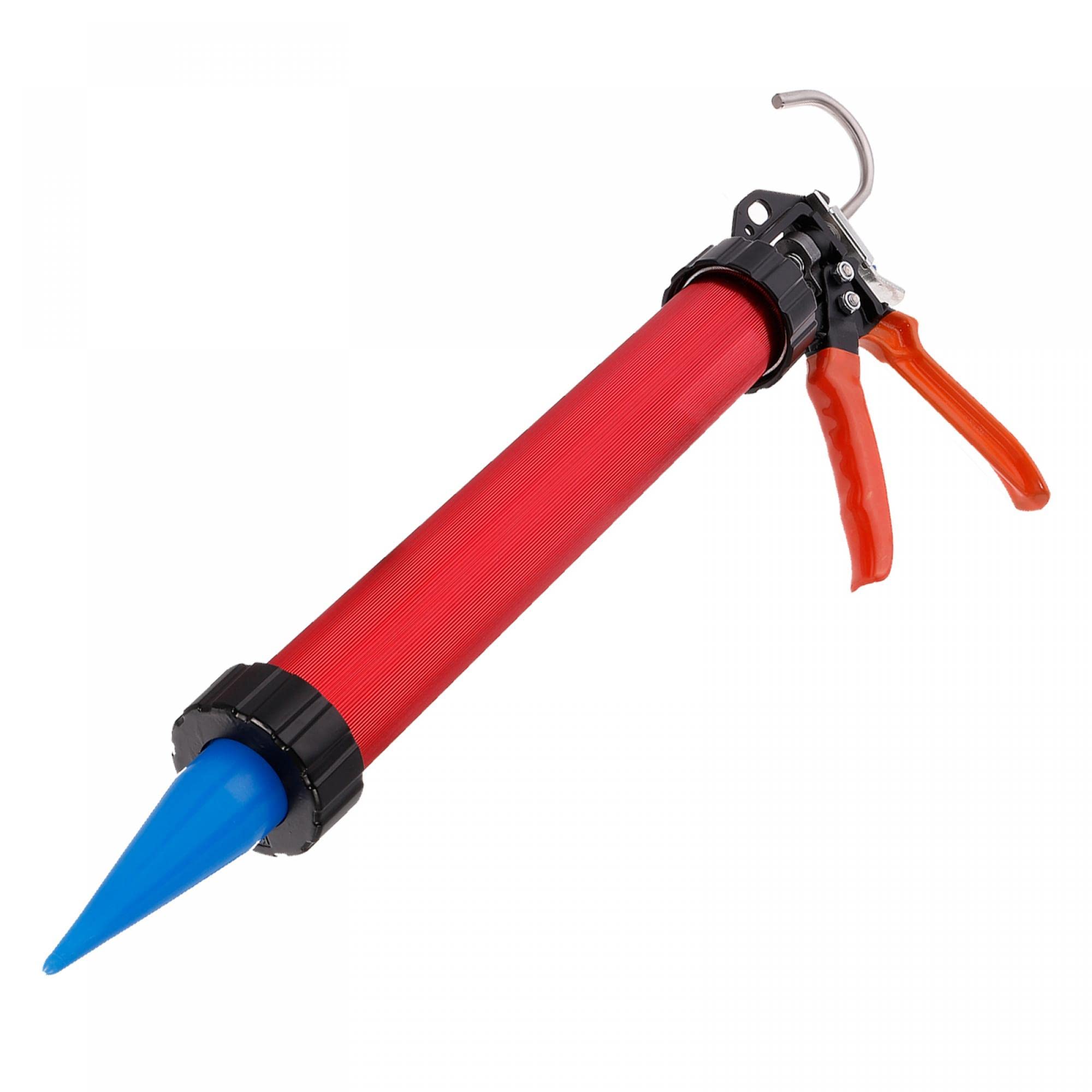 sourcing map Manual Salchicha Calafateo Pistola, 54,5 cm Inoxidable Acero Sellador Cartucho Tubo Calafateo Aplicador 600ml, 12:1 Empuje Relación con Conos Boquillas, Electroforético Rojo