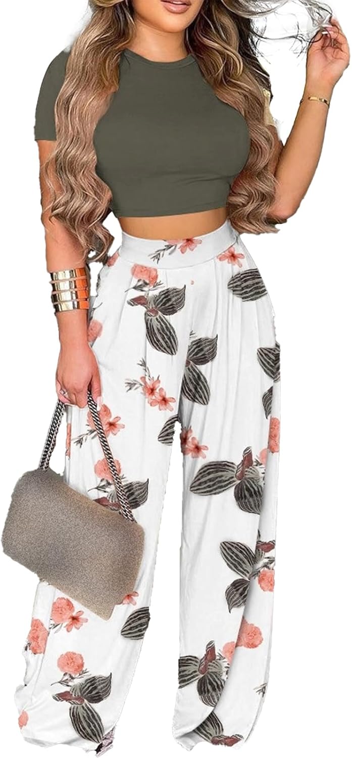 Mandonce 2 Piece Outfits for Women Crew Neck Short Sleeve Crop Tops Printed Wide Leg Long Pants Summer Matching Sets
