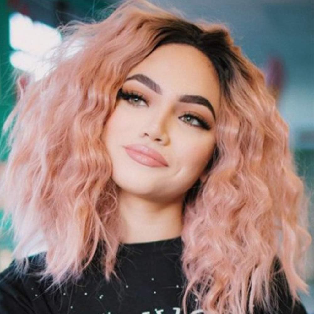 Destiny Love Short Curly Hair Wig Bob Cut Lace Front Wigs Synthetic 2 Tones Color Dark Roots Pastel Pink Ombre Afro Curly Style Half Hand Tied Glueless Lace Wig for Women 14 Inches
