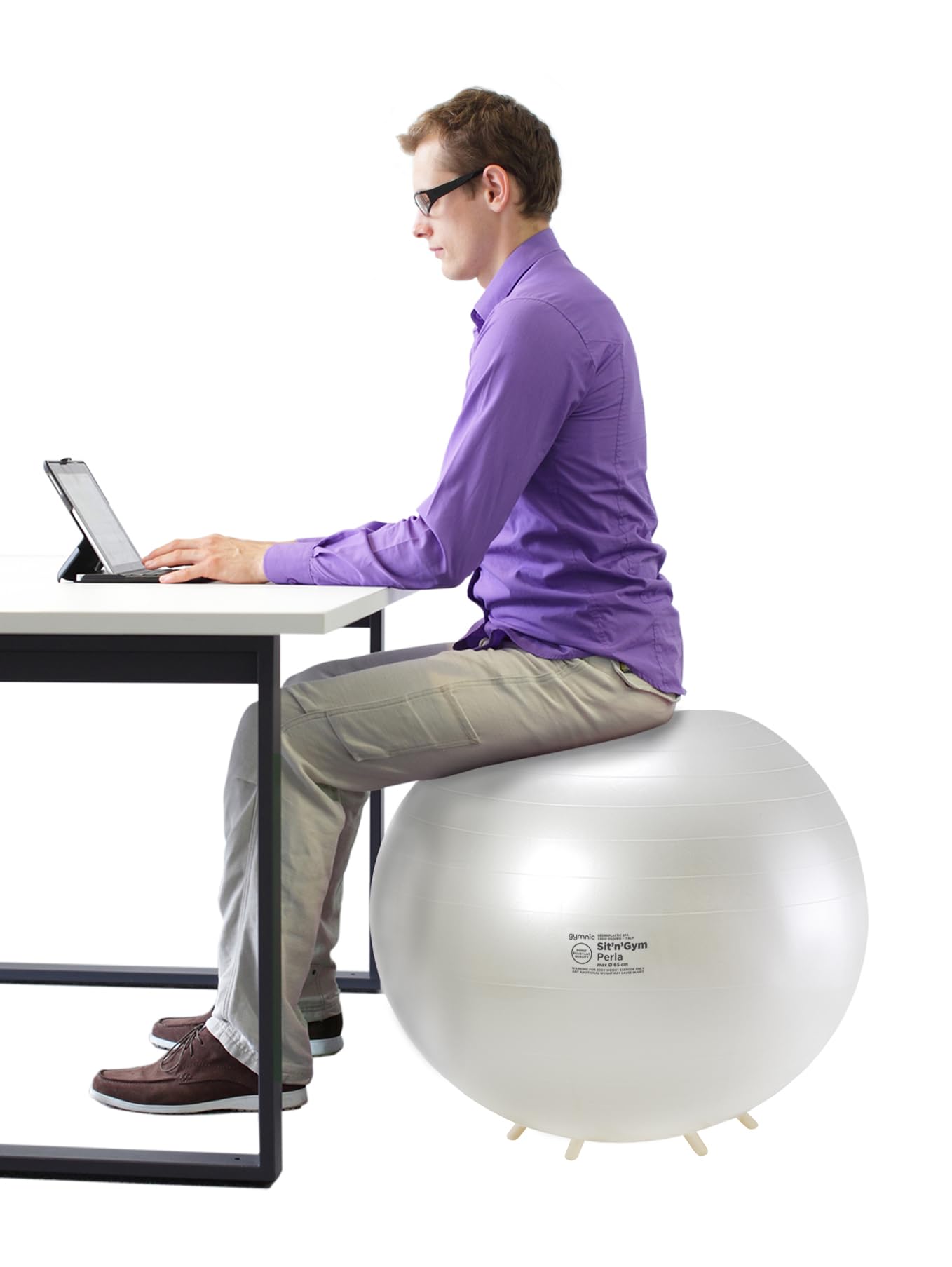 GYMNIC Sit'n'Gym Perla Ballon d'assise Gonflable Ø 55 cm avec Pieds antidérapants, Couleur Blanc Perle, siège Ergonomique Anti-éclatement