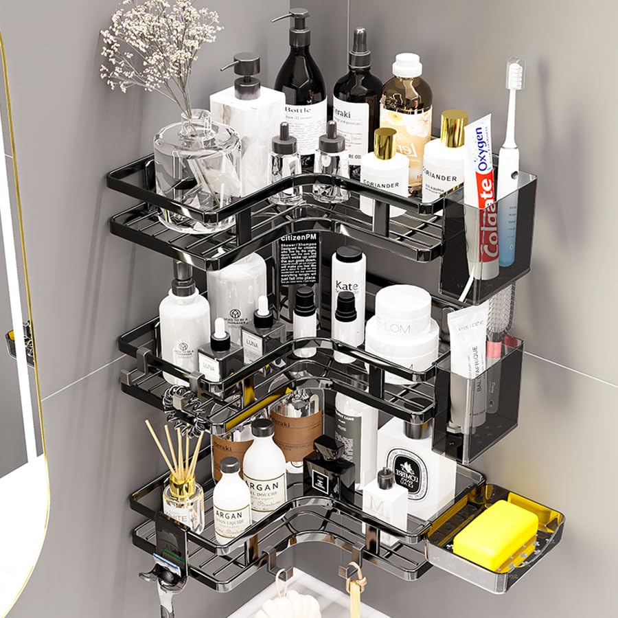 Zilnox 浴室用ラック シャワーラック 強力粘着固定 お風呂 収納 浴室 洗面所 バスルーム 3段 ブラック 幅25x奥行25x高5CM