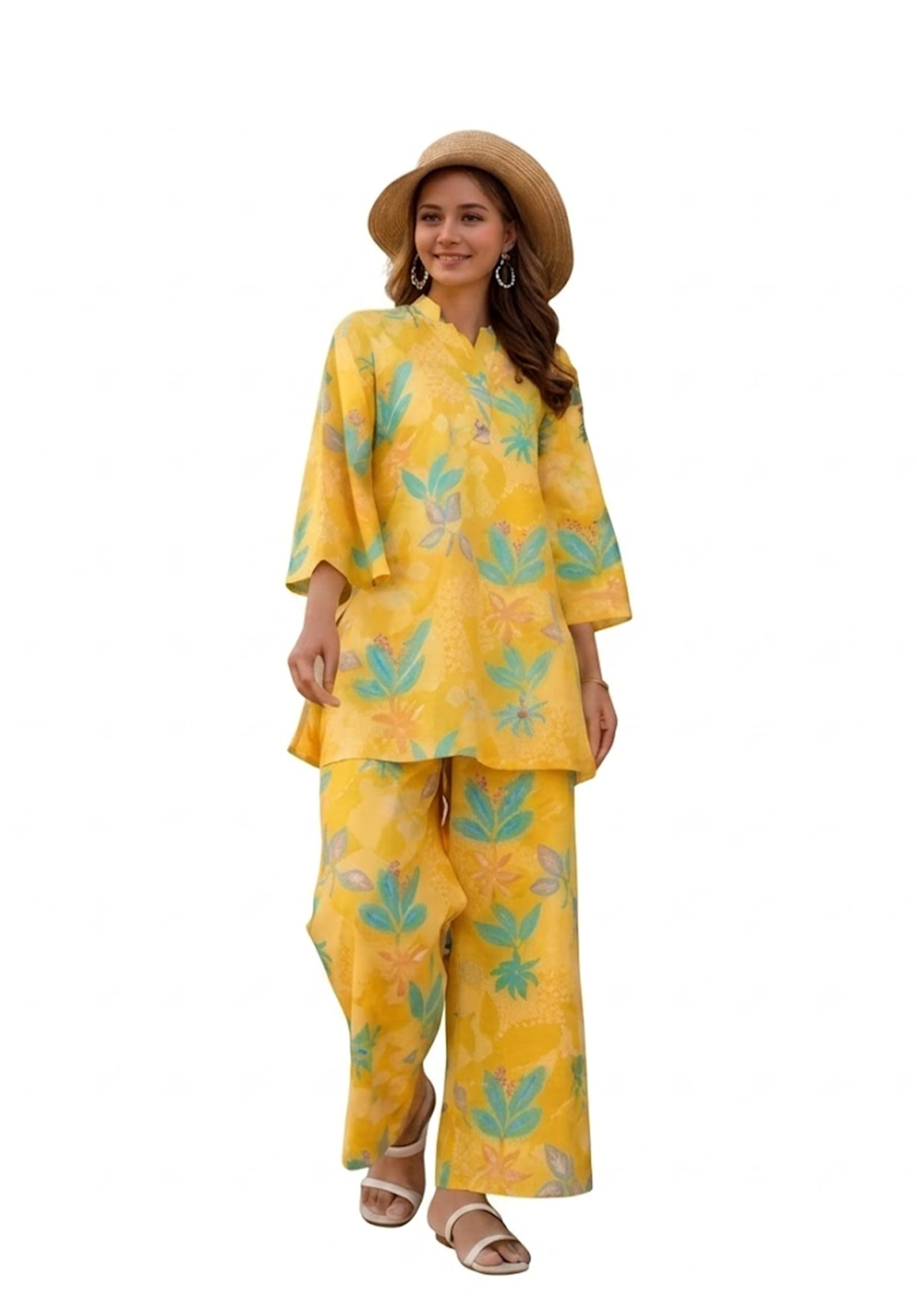 Shree Aadhya Collection Women's Floral Printed Rayon Co-Ord Set, Yellow, Wide-Leg Pants, Casual Vacation Wear-image-13