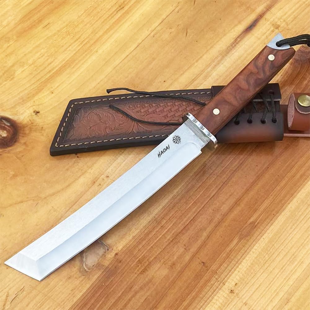 Cuchillos de hoja fija Caza está hecho de acero M390 tanto Mango De Madera, Con Funda De Cuero, Camping De Supervivencia Para Outdoor Supervivencia y Camping (V)