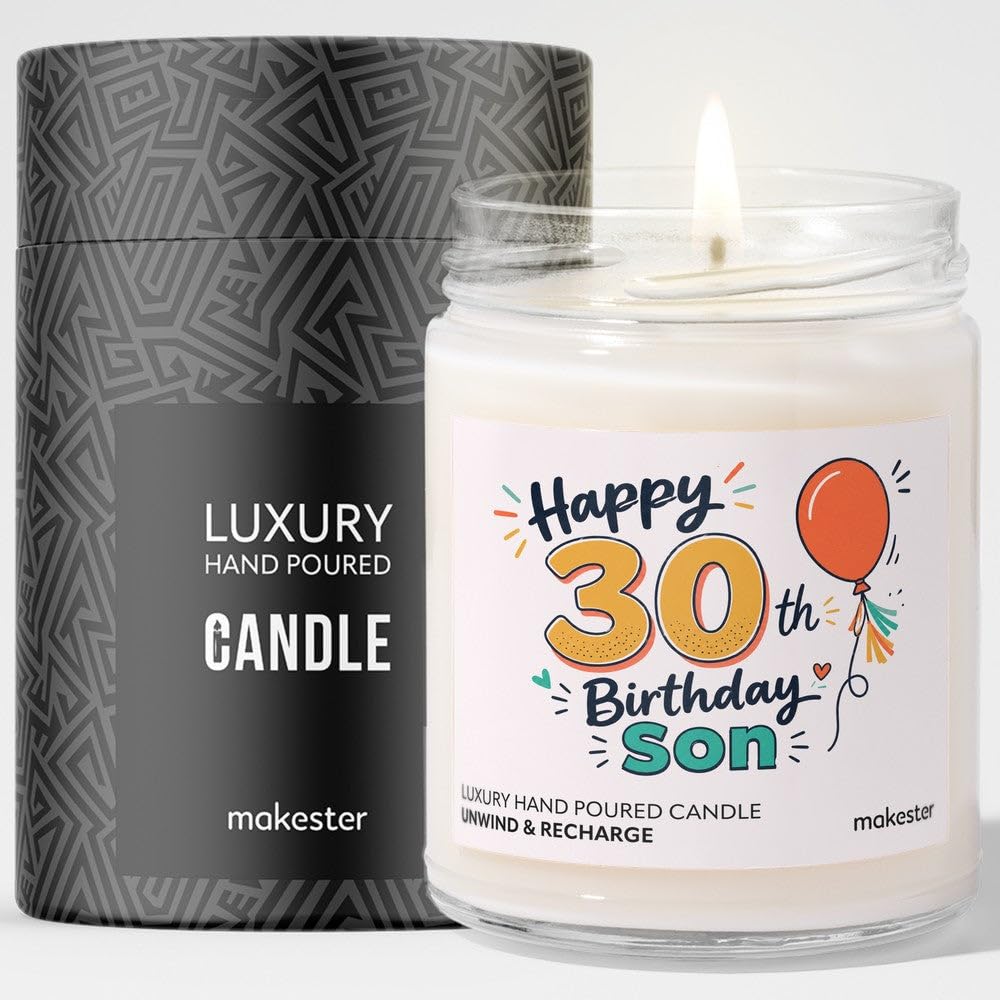 30th Birthday Gift for Son - Luxury Soy Wax Candle - Vanilla, Jasmine, Sugared Almond - Makester — image 1