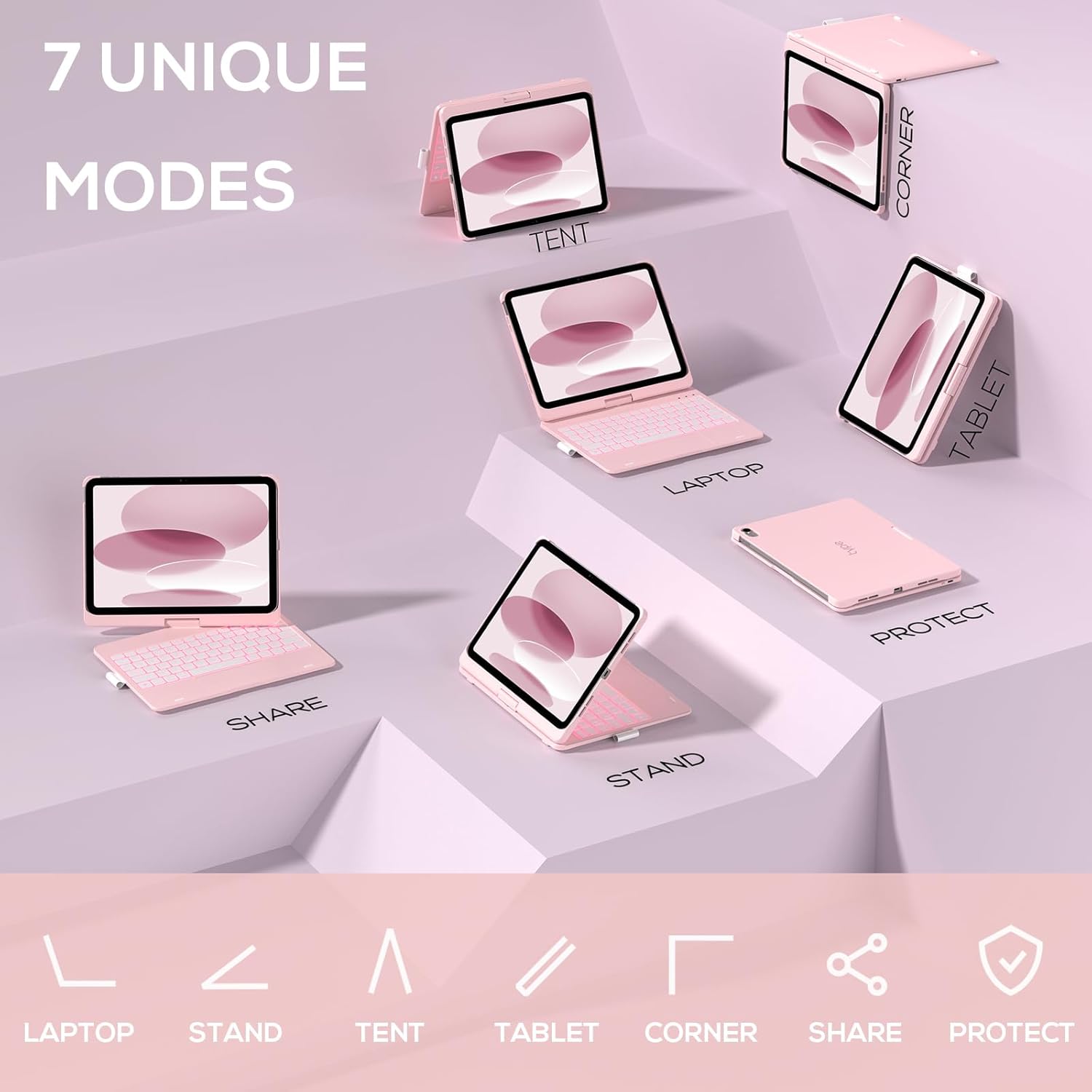 Pink typecase Touch iPad 10th Generation Case with Keyboard (10.9, 2022) and iPad A16 (11th Gen, 2025) – 360° Rotatable, 11-Color Backlit, Multi-Touch Trackpad, Thin & Light (Light Pink)