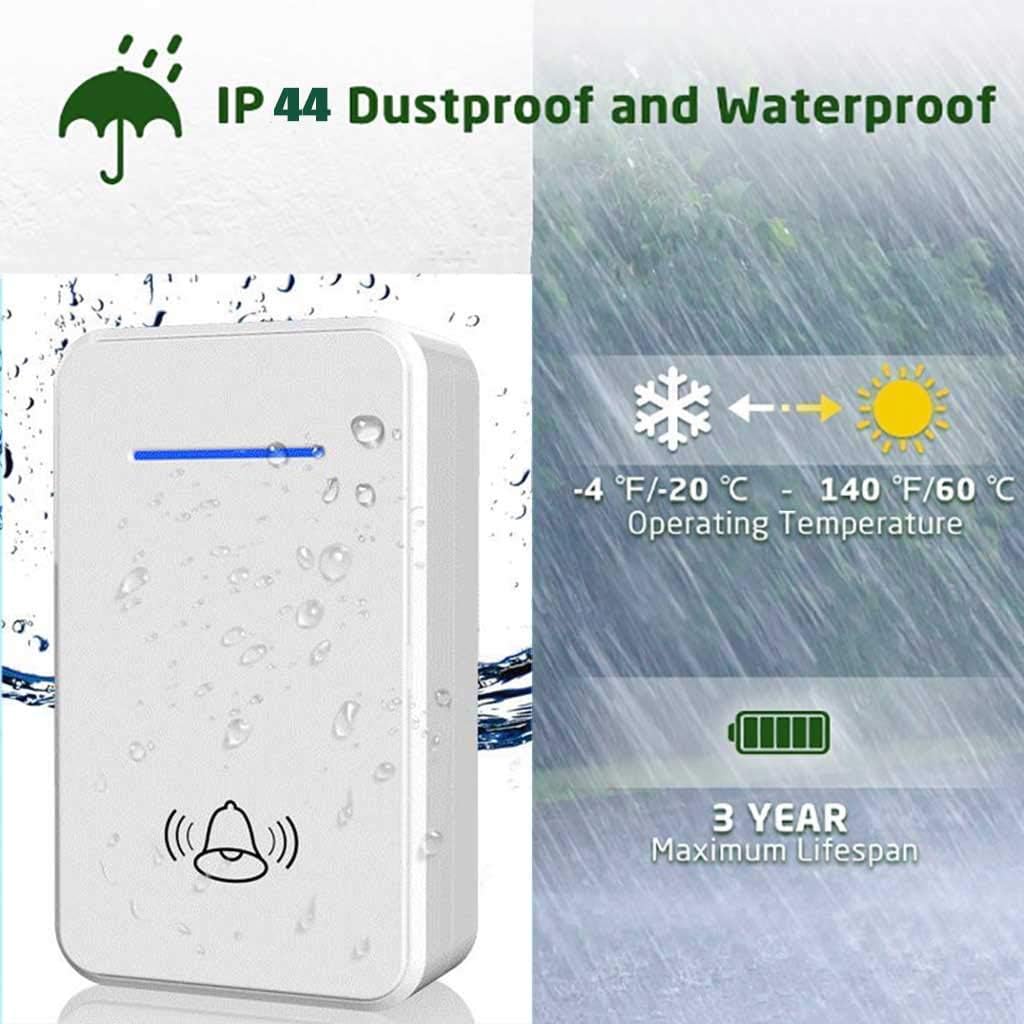 Waterproof Wireless Doorbell, Wireless Doorbell for Home, 1 Transmitter, 4 Receivers, 48 Adjustable Music Tones/300M Range/6 Volume Levels, Easy to Install, White