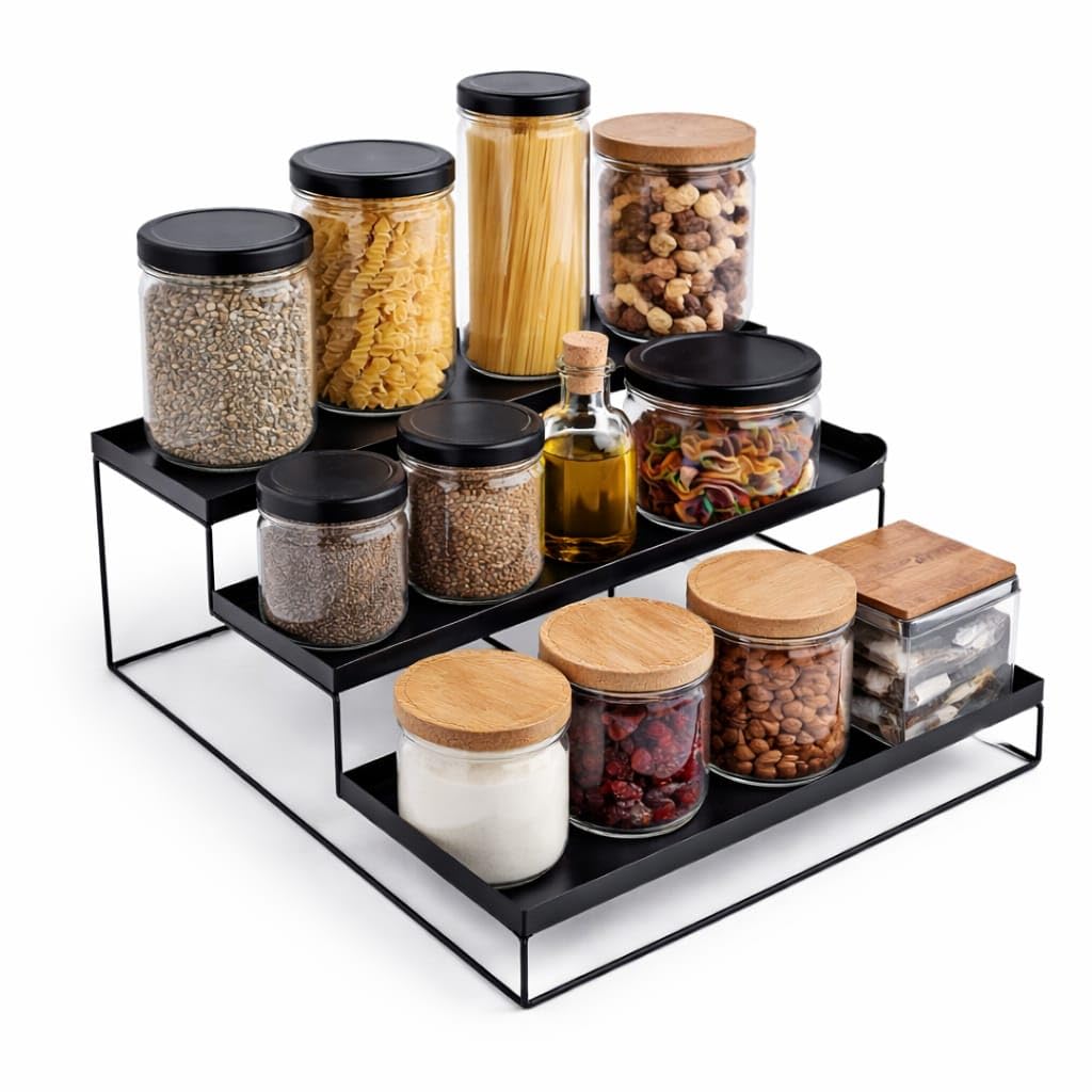 - Kitchen 3-Tier Step Standing Rack Kitchen Spice Bottle Rack Utensil Holder Food Storage Organizer for Cabinet Cupboard Pantry Shelf Bathroom Rack (Pack of 1, Black) - Iron