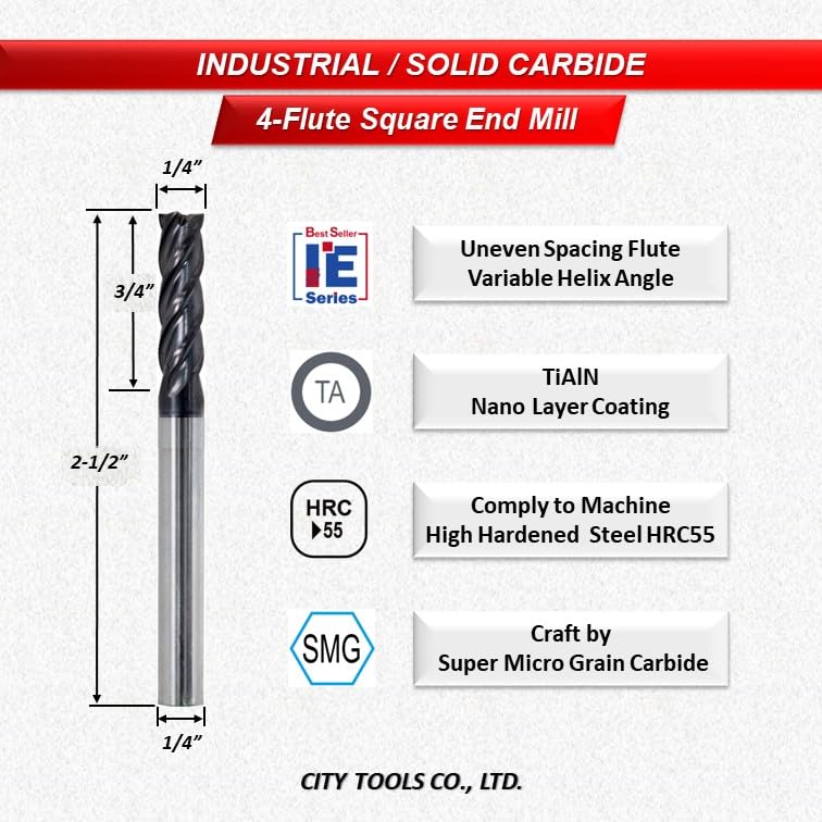 Image of ZUQ | 1 /4 inch Dia, 1 /4 inch Shank, Solid Carbide 4 Flute Square End Mill, Uneven Flute, Variable Helix, AlTiN Coated, for Alloyed Steel, Hardened Steel up to 55 HRC (S500IE2-11354TA-1 /4)
