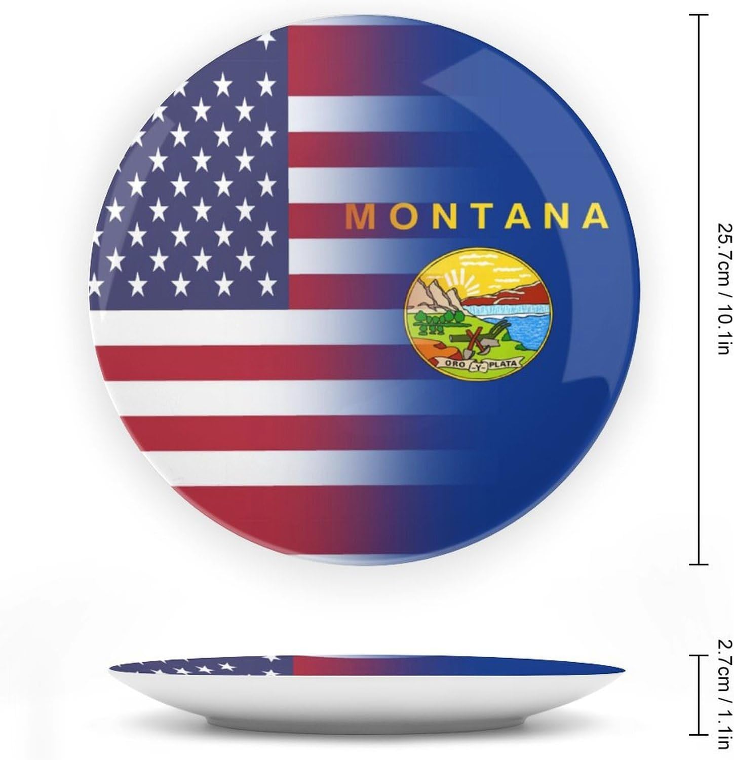 US & Montana1 State Flag Printed Decorative Plate with Display Stand Handmade Ceramic Ornament Hanging Wall Decor for Foyer Home Office
