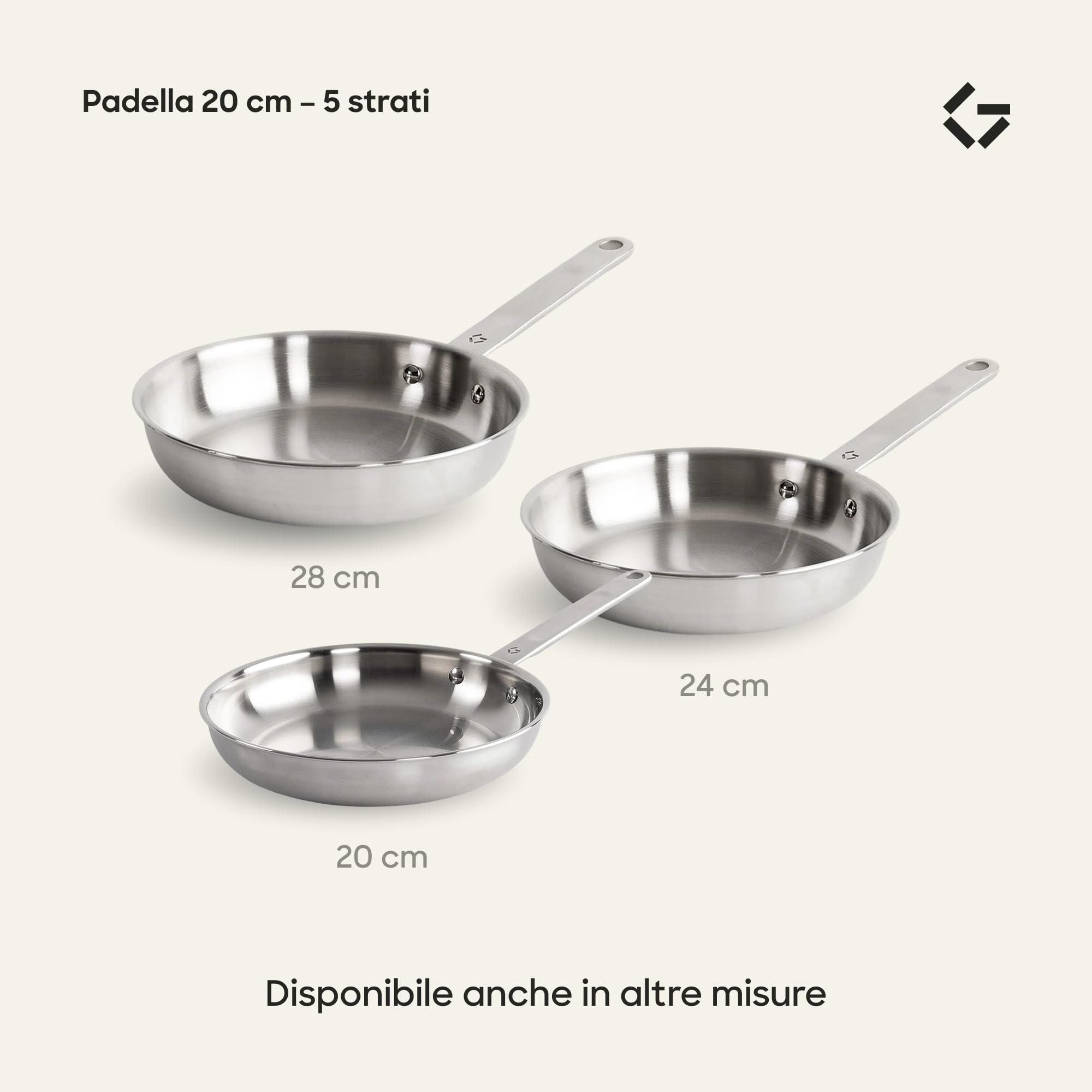 Gastrotools Padella Inox 5-Ply 20 cm con Anima in Alluminio Premium | Conduzione termica ottimale | Cottura uniforme | Per induzione, gas & forno | Senza rivestimento
