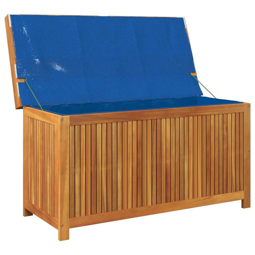 Scatola per cuscini esterni in acacia massiccia, 113 x 50 x 60,5 cm | Stoccaggio da giardino, borsa impermeabile integrata, doghe aperte, coperchio antipolvere