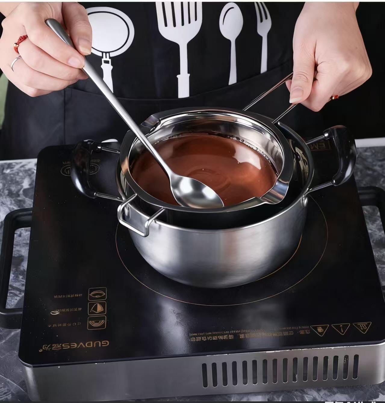 Double Boiler Pot SUS304 Stainless Steel Melting Bowl, 400ML/13oz for Chocolate Candy Cheese Butter Wax Soap Making, with 8inch Long Handle Spoon